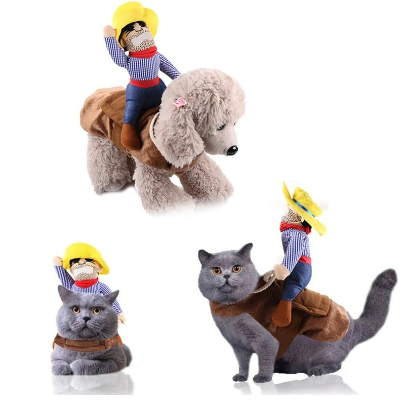 Pet Dog Cowboy Rider Clothes with Hat Cute Suit for Halloween